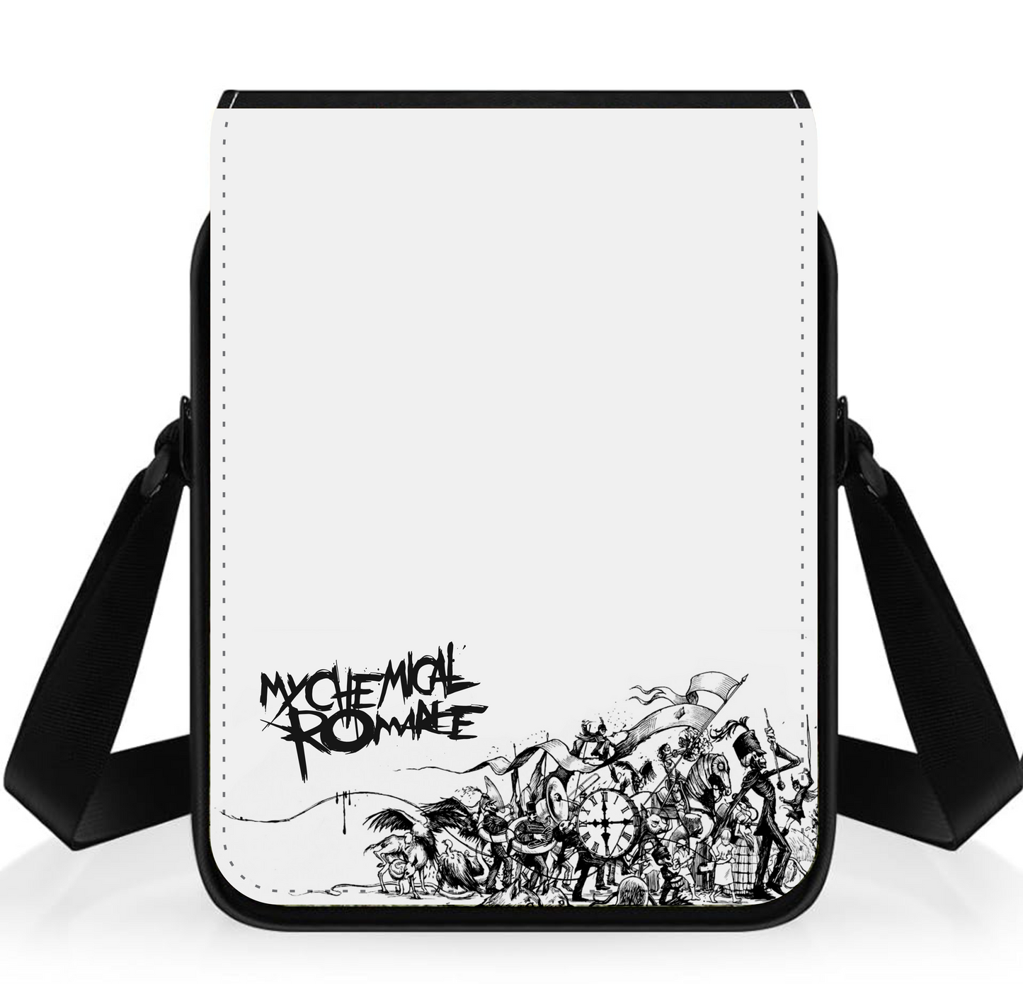 White crossbody bag with black and white design and text on a white background